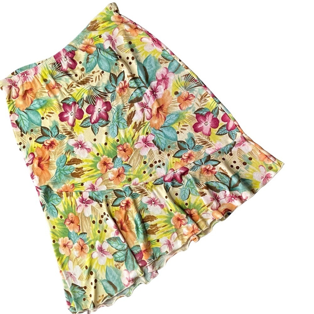 Vintage Mirasol SzL Yellow Tropical Print Stretchy Jersey Knit A-line Midi Skirt